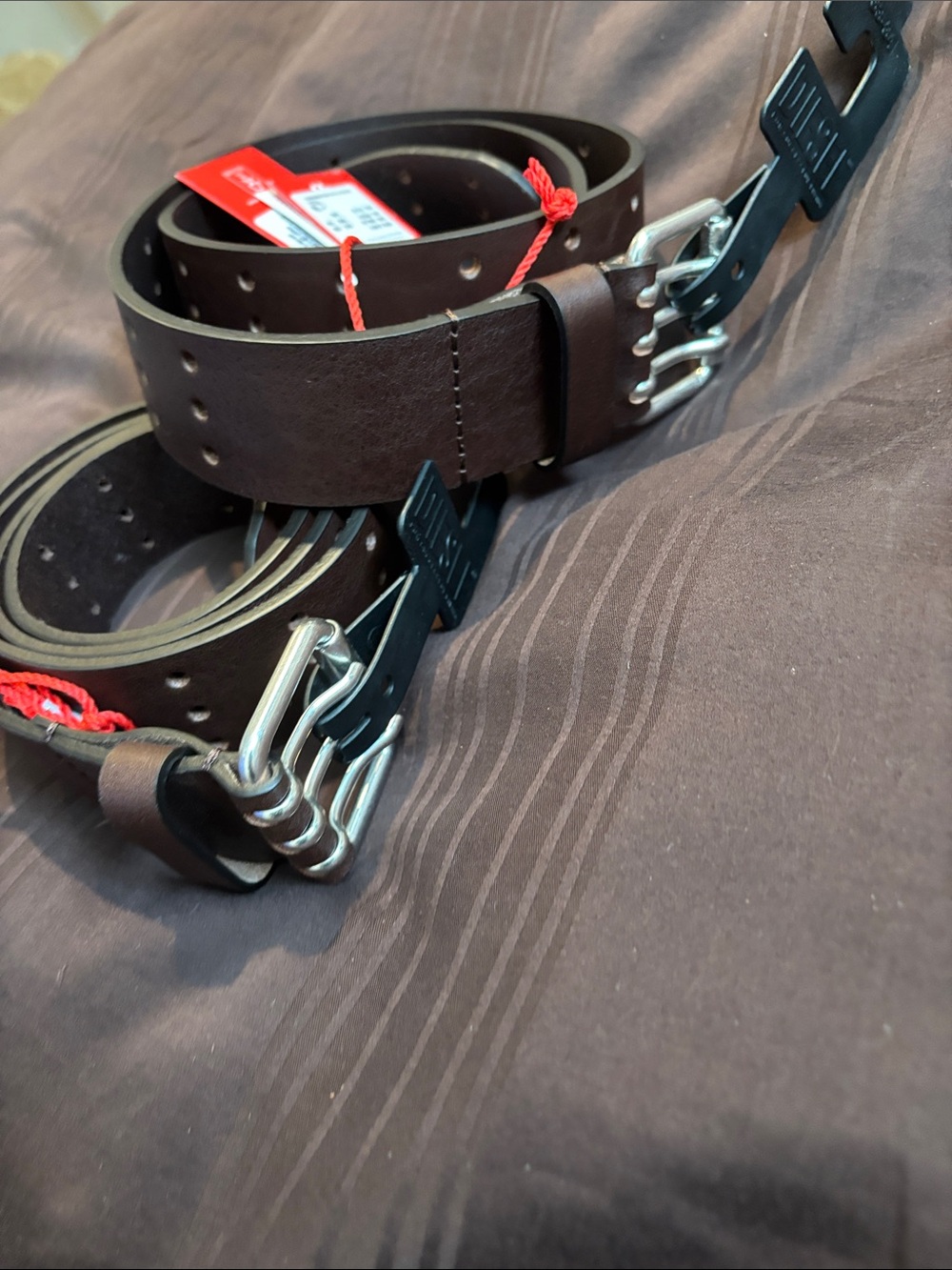 Diesel Brown Leather Double-Row Hole Belt with Silver Buckle